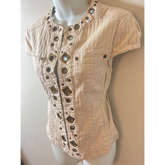Live A Little Chic: Cream & Brown Geometric Embellished Denim Top - Womens Small - Picture 3 of 7